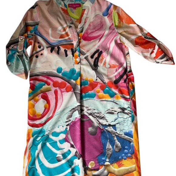 Canadian Designer Claire Desjardins Tab Sleeve Abstract Art Popover Shirt Dress - Picture 3 of 8